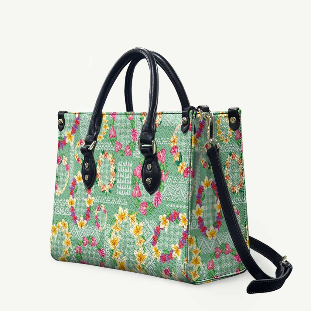 Hawaiian Leis Leather Bag Kakau Tattoos and Palaka Pastel Green Color LT03 Green - Polynesian Pride