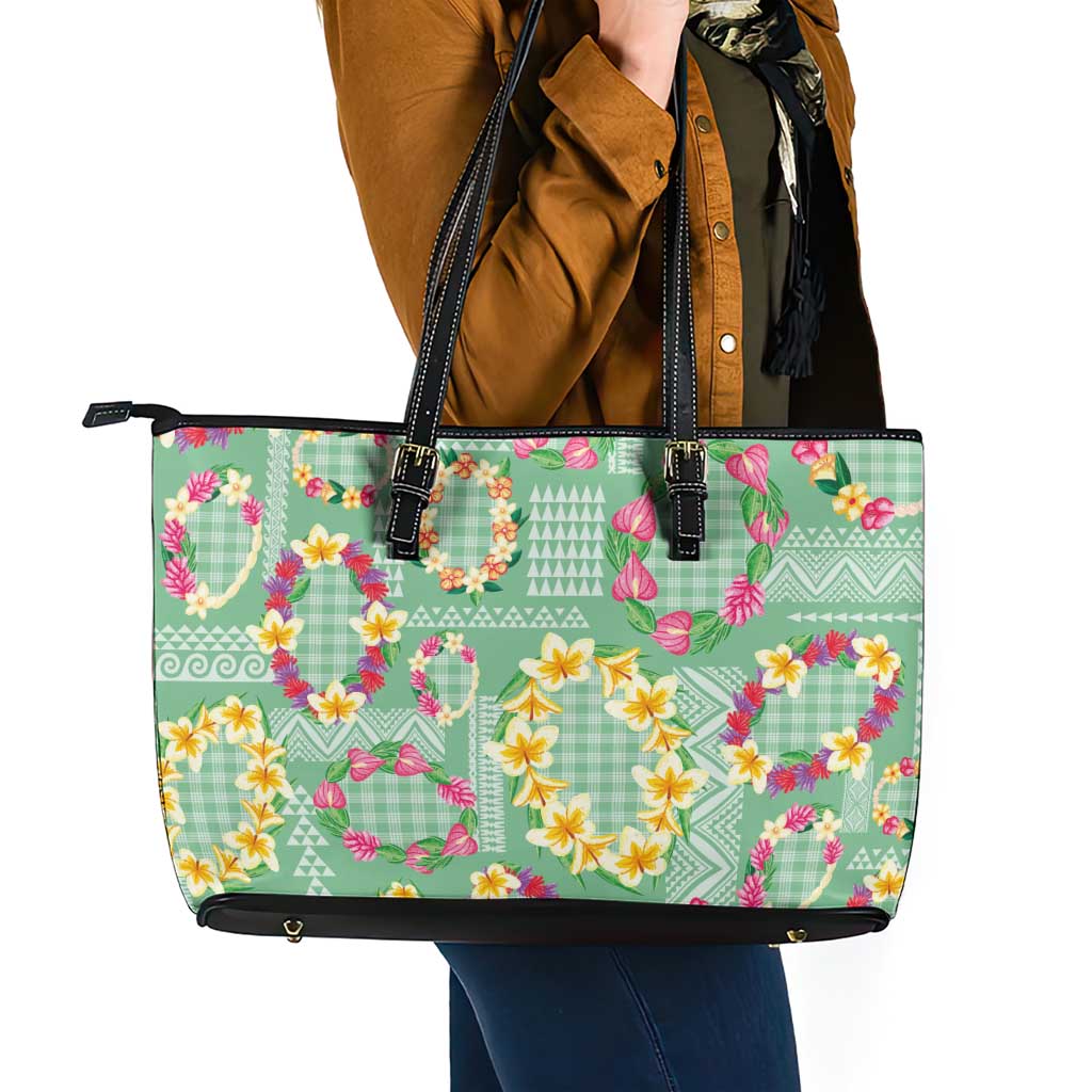 Hawaiian Leis Leather Tote Bag Kakau Tattoos and Palaka Pastel Green Color LT03 - Polynesian Pride