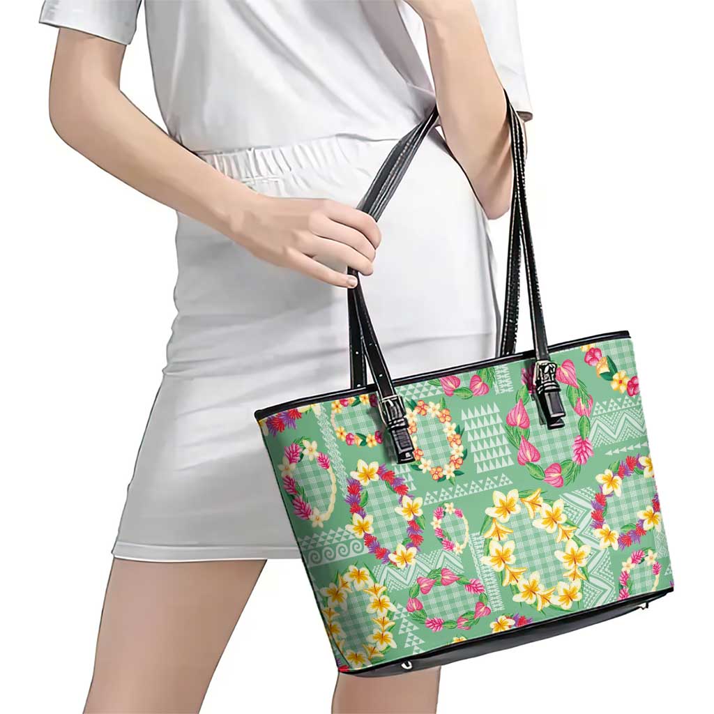 Hawaiian Leis Leather Tote Bag Kakau Tattoos and Palaka Pastel Green Color LT03 - Polynesian Pride