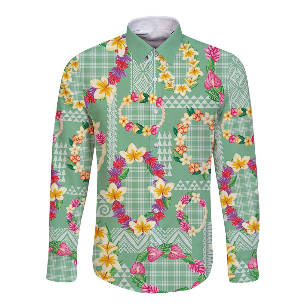 Hawaiian Leis Long Sleeve Button Shirt Kakau Tattoos and Palaka Pastel Green Color LT03 Unisex Green - Polynesian Pride