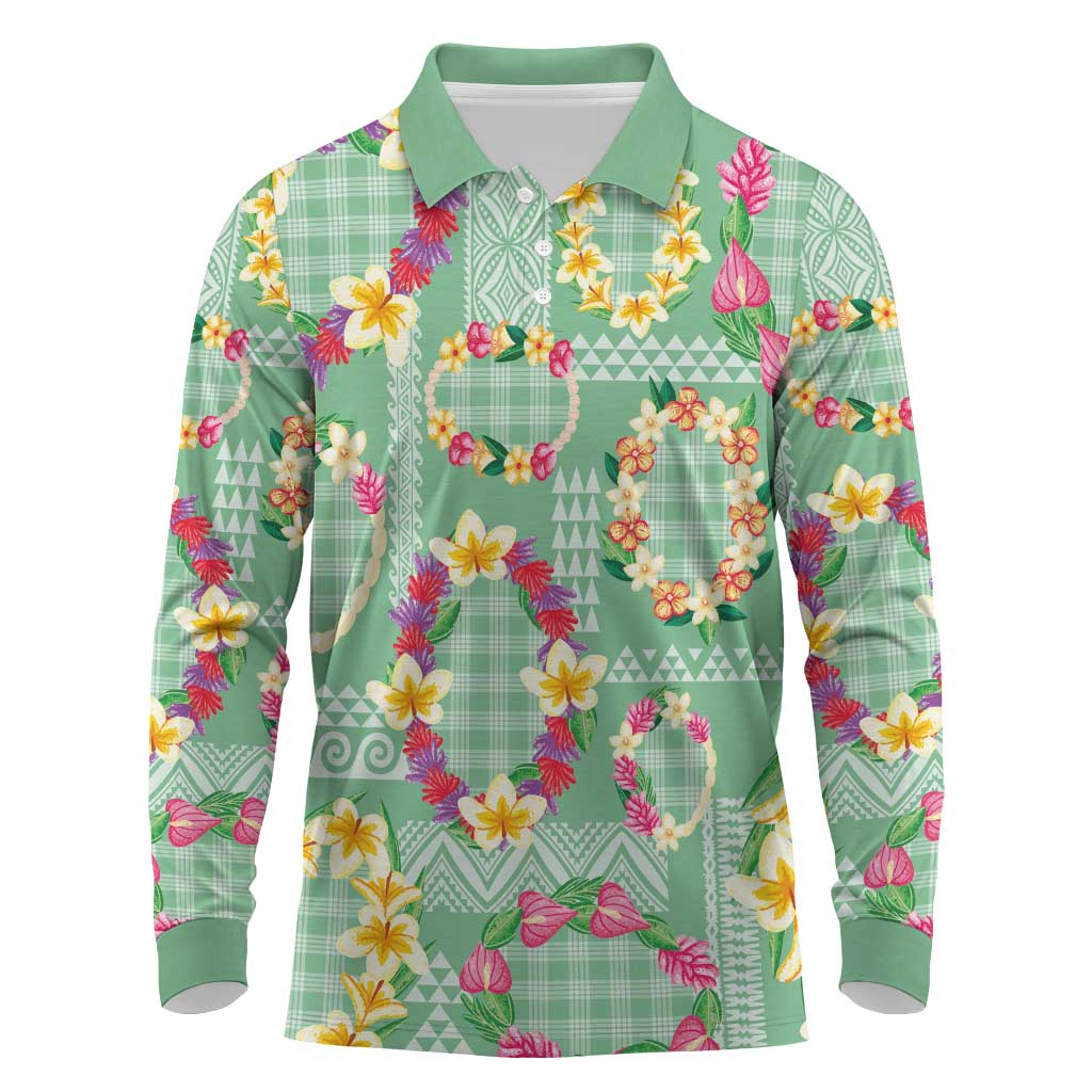 Hawaiian Leis Long Sleeve Polo Shirt Kakau Tattoos and Palaka Pastel Green Color