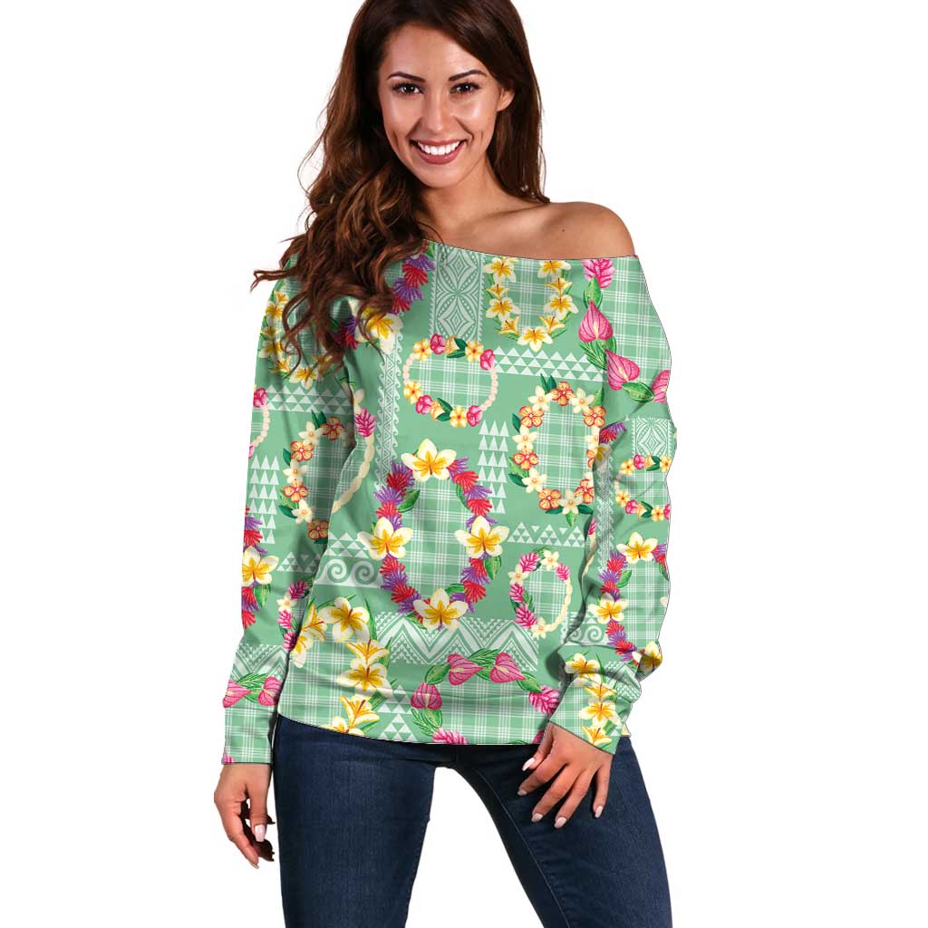 Hawaiian Leis Off Shoulder Sweater Kakau Tattoos and Palaka Pastel Green Color