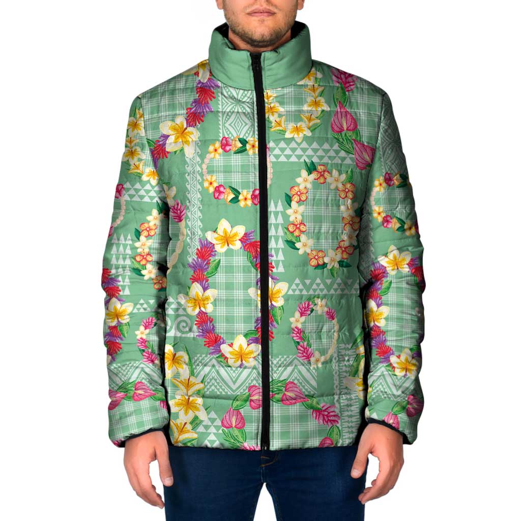Hawaiian Leis Padded Jacket Kakau Tattoos and Palaka Pastel Green Color LT03 Men Green - Polynesian Pride