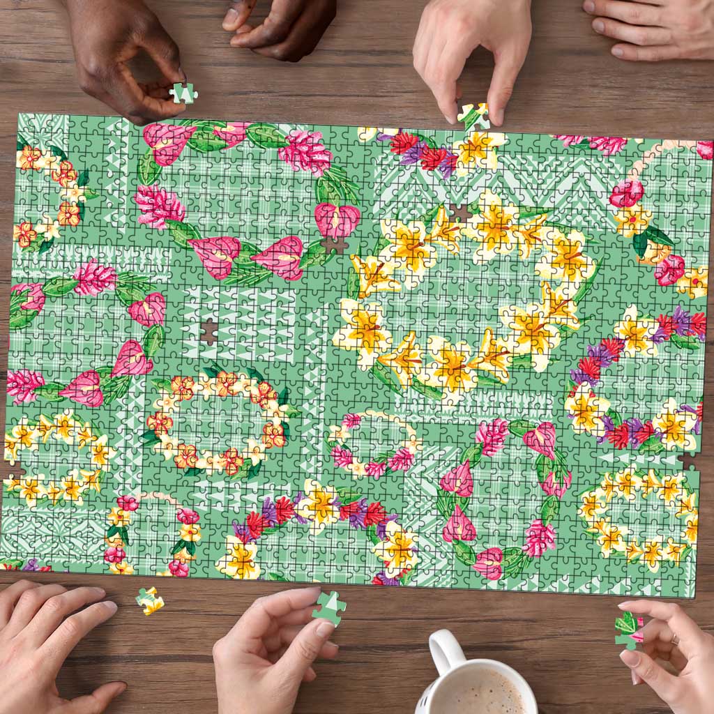 Hawaiian Leis Puzzle Kakau Tattoos and Palaka Pastel Green Color LT03 - Polynesian Pride