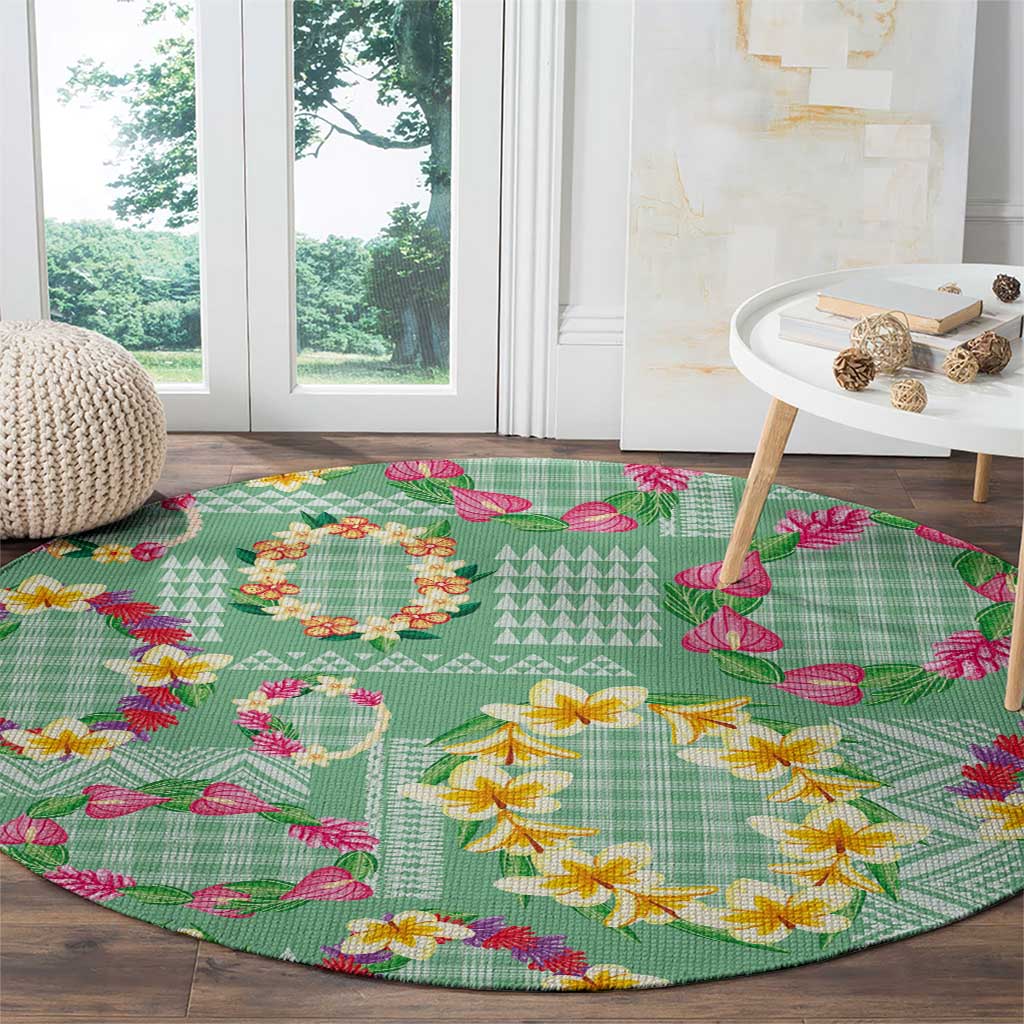 Hawaiian Leis Round Carpet Kakau Tattoos and Palaka Pastel Green Color LT03 - Polynesian Pride