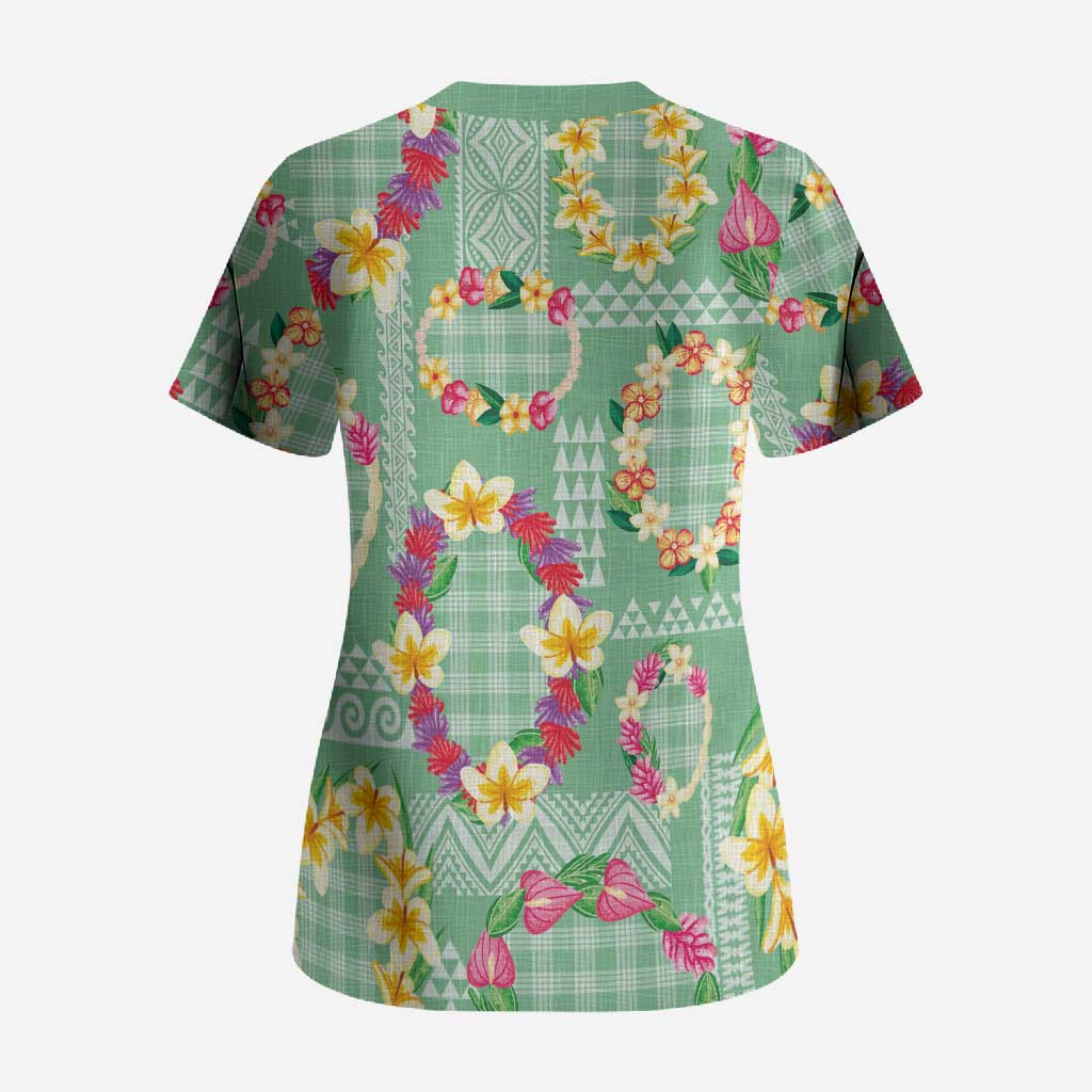 Hawaiian Leis Scrub Top Kakau Tattoos and Palaka Pastel Green Color LT03 - Polynesian Pride
