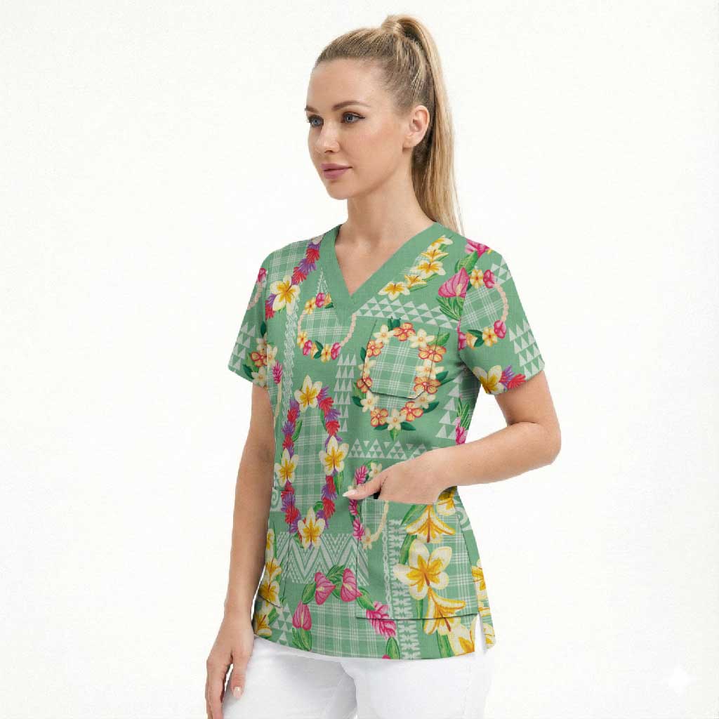 Hawaiian Leis Scrub Top Kakau Tattoos and Palaka Pastel Green Color LT03 - Polynesian Pride