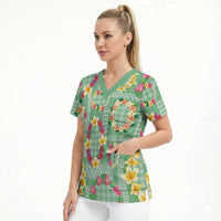 Hawaiian Leis Scrub Top Kakau Tattoos and Palaka Pastel Green Color LT03 - Polynesian Pride