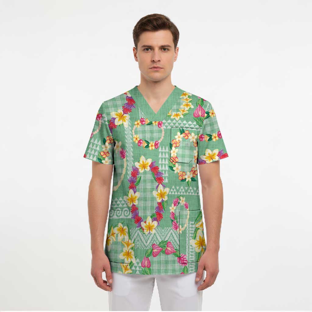 Hawaiian Leis Scrub Top Kakau Tattoos and Palaka Pastel Green Color LT03 - Polynesian Pride