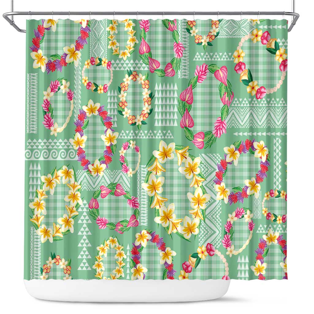 Hawaiian Leis Shower Curtain Kakau Tattoos and Palaka Pastel Green Color LT03 Green - Polynesian Pride