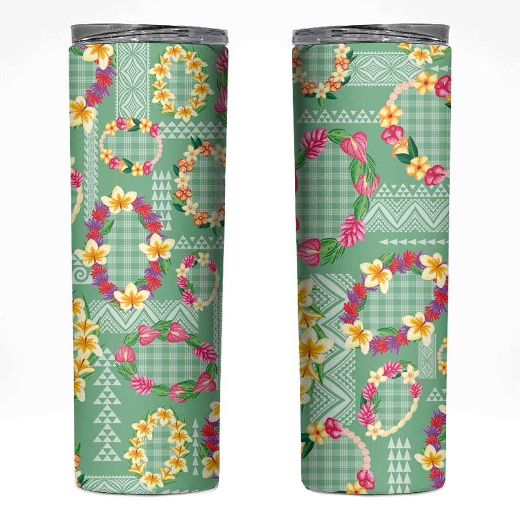 Hawaiian Leis Skinny Tumbler Kakau Tattoos and Palaka Pastel Green Color LT03 Green - Polynesian Pride