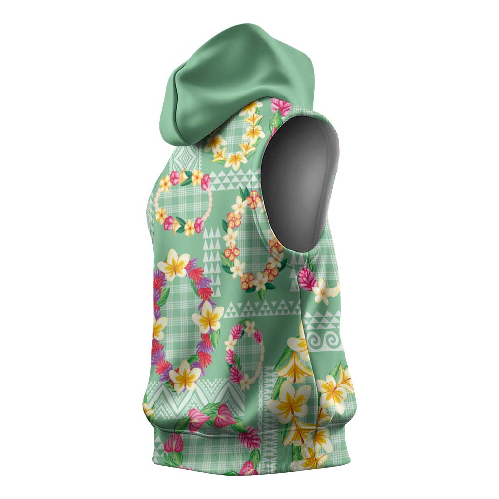 Hawaiian Leis Sleeveless Hoodie Kakau Tattoos and Palaka Pastel Green Color LT03 - Polynesian Pride