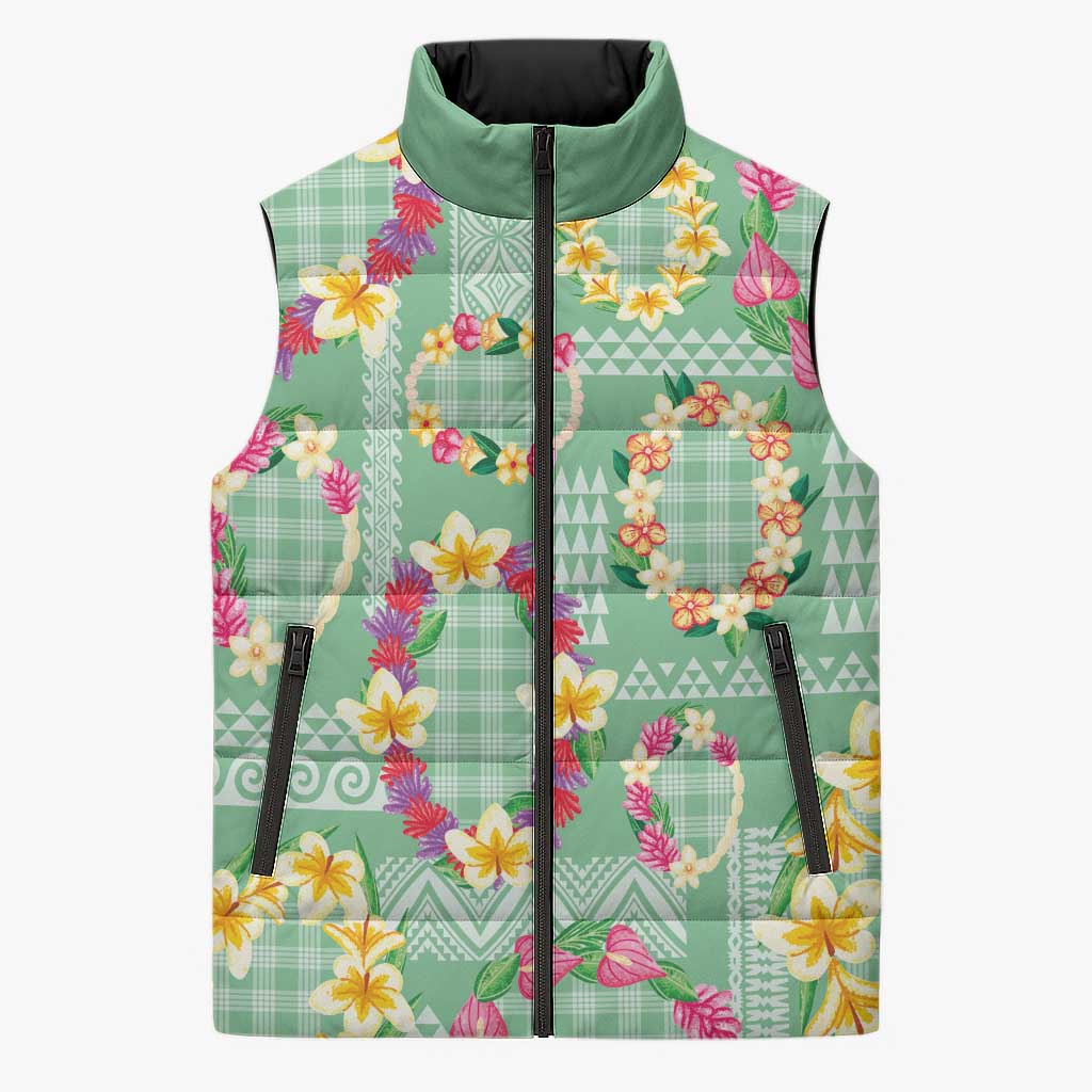 Hawaiian Leis Sleeveless Puffer Jacket Kakau Tattoos and Palaka Pastel Green Color LT03 Unisex Green - Polynesian Pride