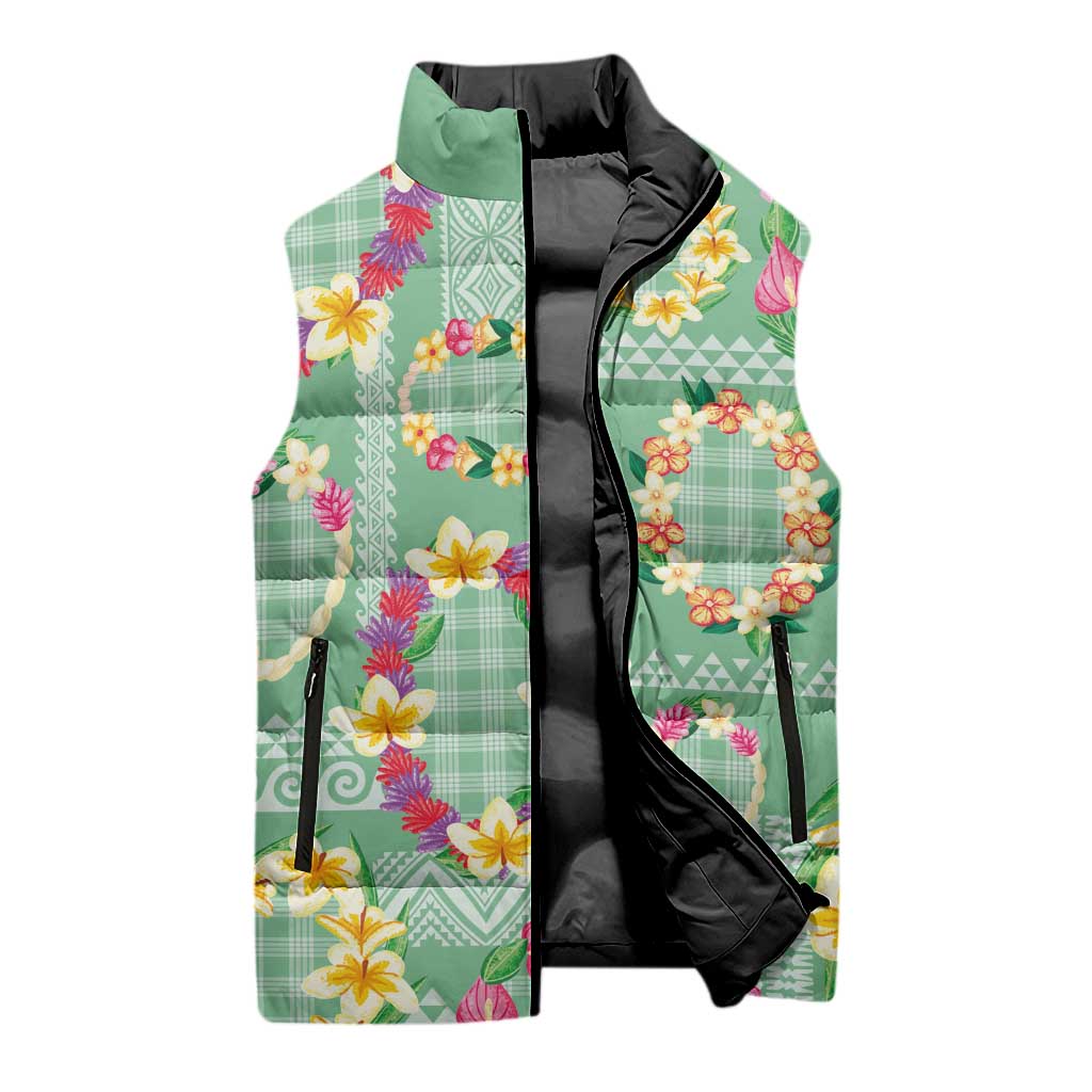 Hawaiian Leis Sleeveless Puffer Jacket Kakau Tattoos and Palaka Pastel Green Color LT03 - Polynesian Pride