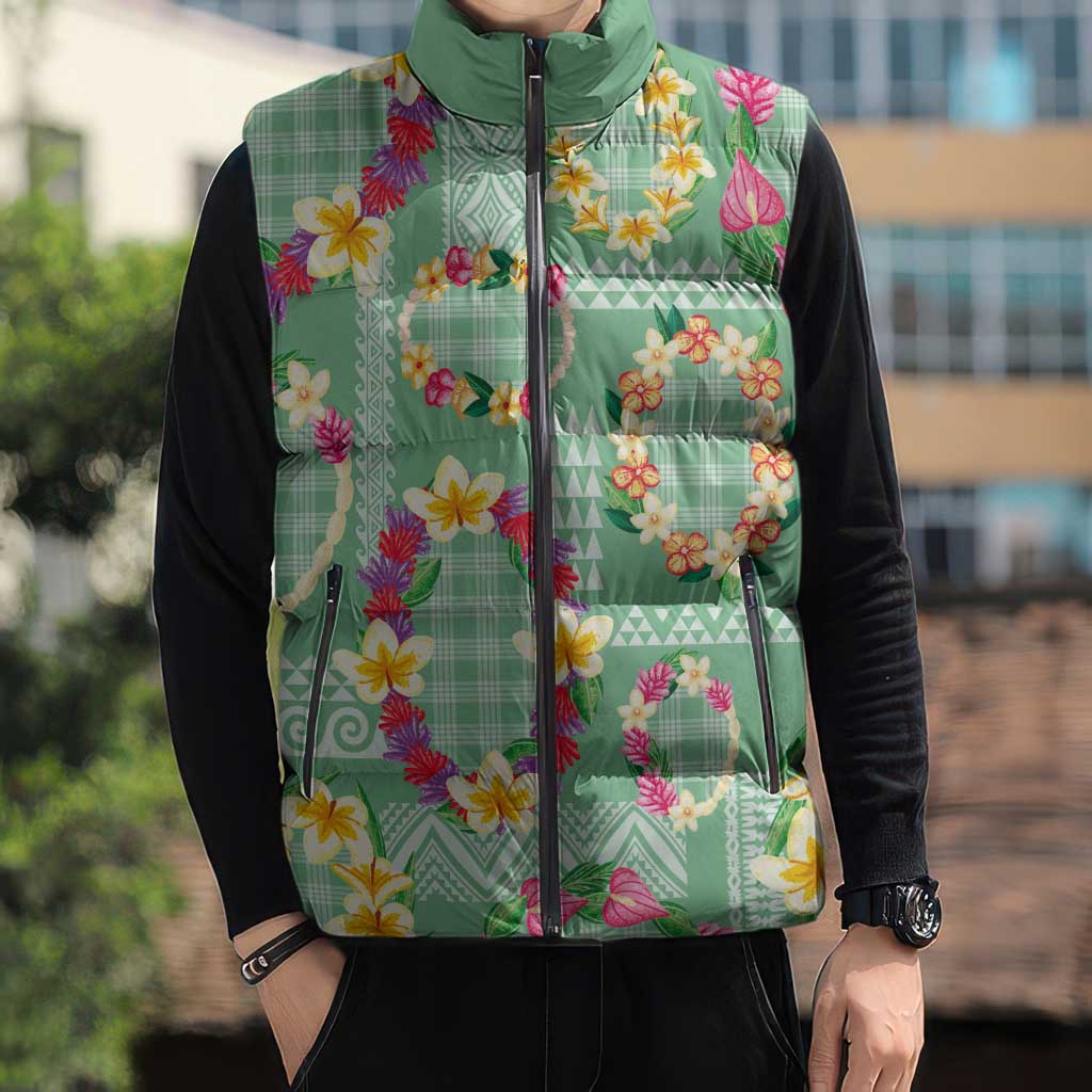 Hawaiian Leis Sleeveless Puffer Jacket Kakau Tattoos and Palaka Pastel Green Color LT03 - Polynesian Pride