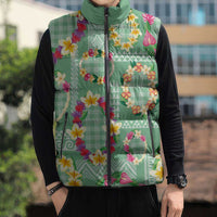 Hawaiian Leis Sleeveless Puffer Jacket Kakau Tattoos and Palaka Pastel Green Color LT03 - Polynesian Pride