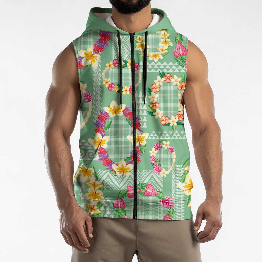 Hawaiian Leis Sleeveless Zip Hoodie Kakau Tattoos and Palaka Pastel Green Color LT03 - Polynesian Pride