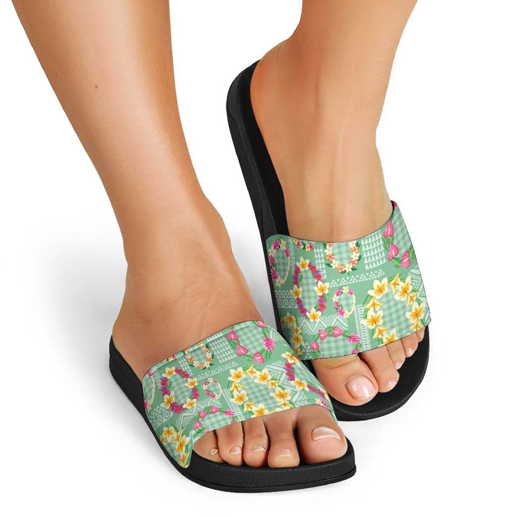 Hawaiian Leis Slide Sandals Kakau Tattoos and Palaka Pastel Green Color LT03 - Polynesian Pride