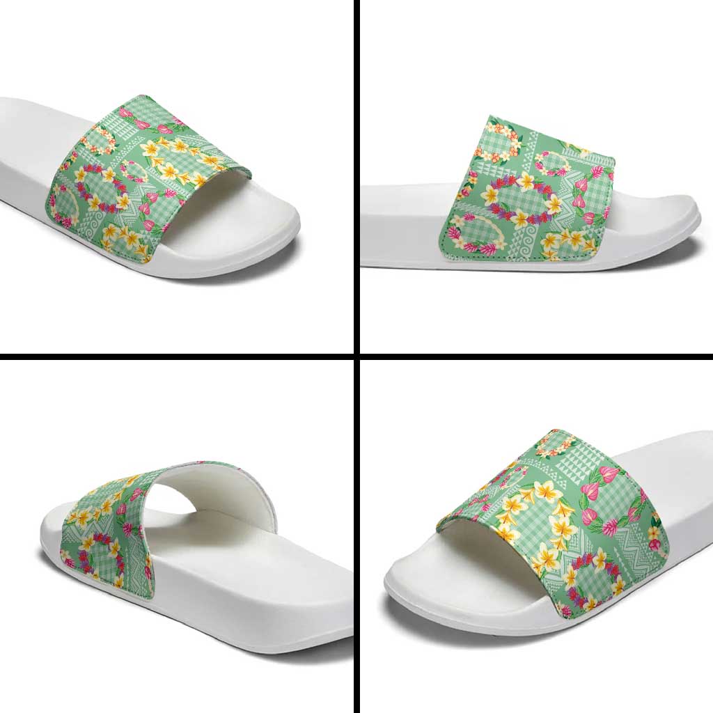 Hawaiian Leis Slide Sandals Kakau Tattoos and Palaka Pastel Green Color LT03 - Polynesian Pride