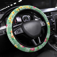 Hawaiian Leis Steering Wheel Cover Kakau Tattoos and Palaka Pastel Green Color LT03 Universal Fit Green - Polynesian Pride
