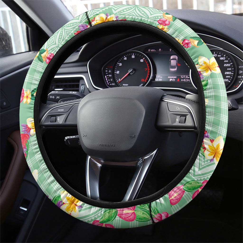 Hawaiian Leis Steering Wheel Cover Kakau Tattoos and Palaka Pastel Green Color LT03 - Polynesian Pride