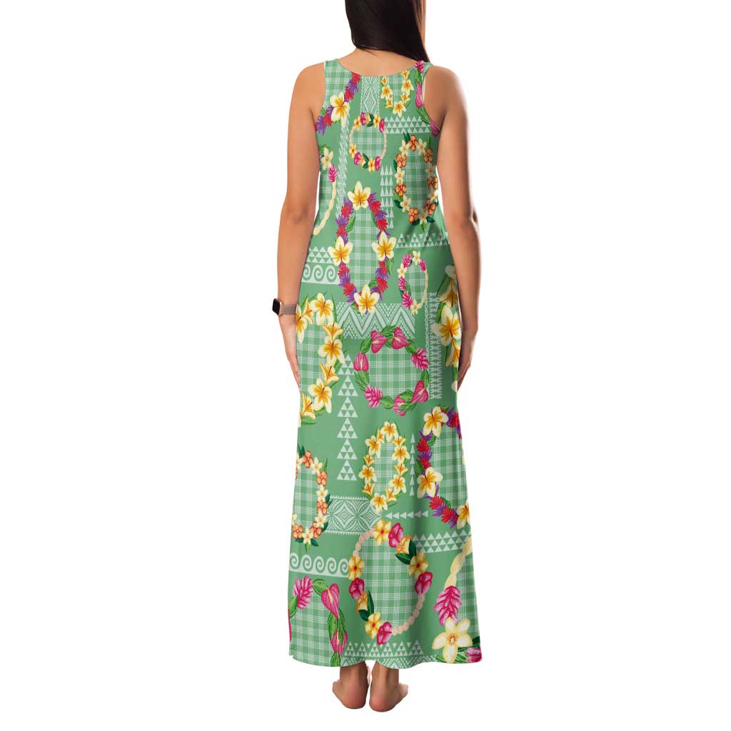 Hawaiian Leis Tank Maxi Dress Kakau Tattoos and Palaka Pastel Green Color LT03 - Polynesian Pride