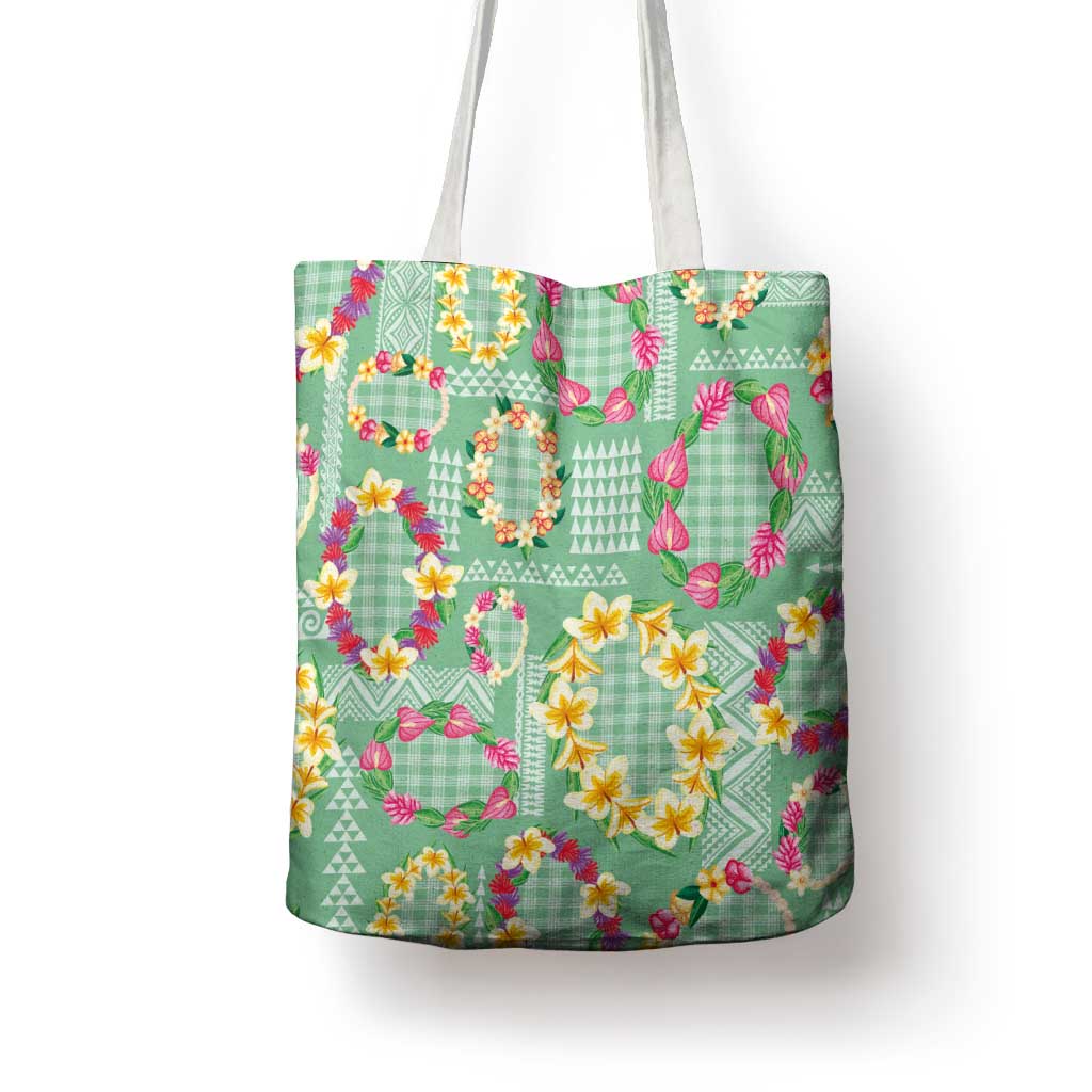 Hawaiian Leis Tote Bag Kakau Tattoos and Palaka Pastel Green Color LT03 - Polynesian Pride