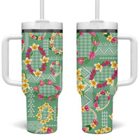 Hawaiian Leis Tumbler With Handle Kakau Tattoos and Palaka Pastel Green Color LT03 One Size: 40 oz Green - Polynesian Pride