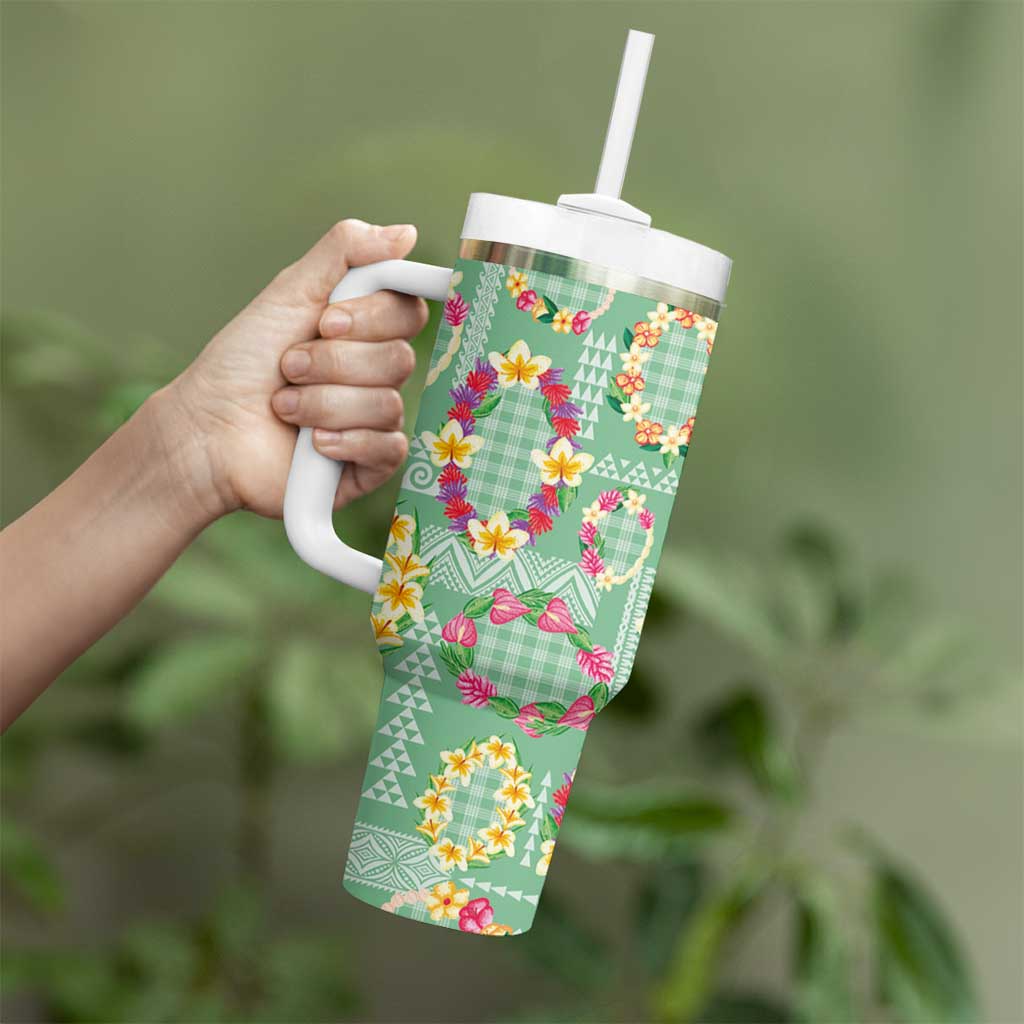 Hawaiian Leis Tumbler With Handle Kakau Tattoos and Palaka Pastel Green Color LT03 - Polynesian Pride