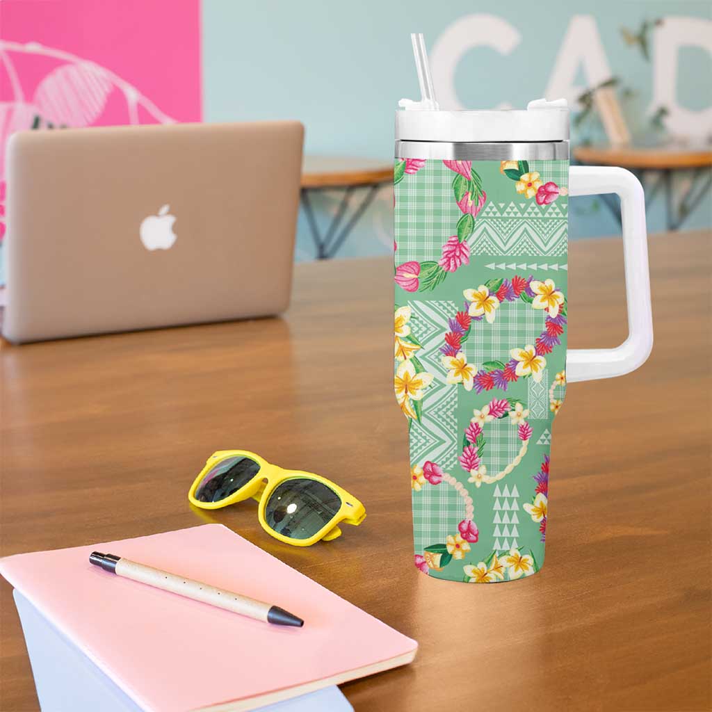 Hawaiian Leis Tumbler With Handle Kakau Tattoos and Palaka Pastel Green Color LT03 - Polynesian Pride