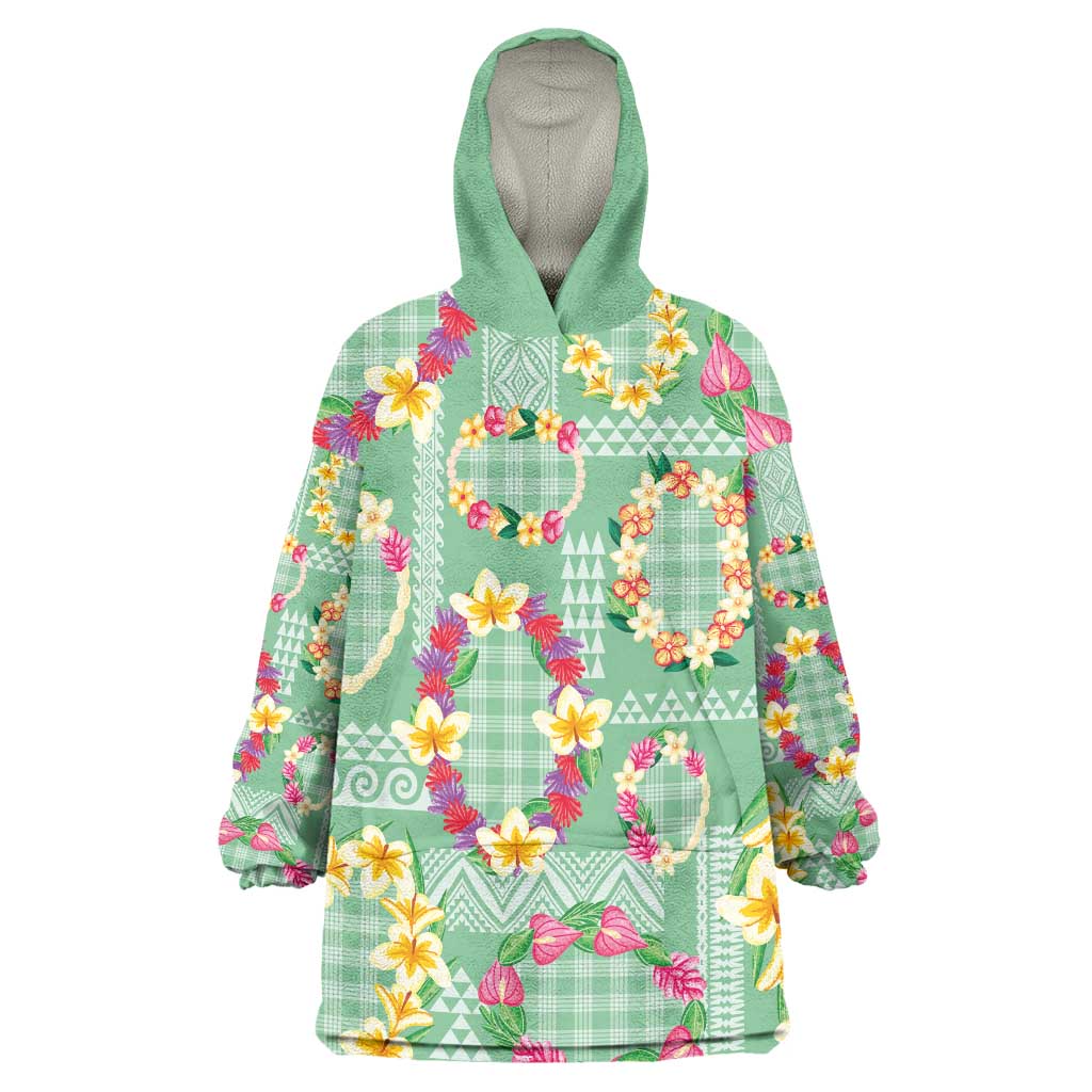 Hawaiian Leis Wearable Blanket Hoodie Kakau Tattoos and Palaka Pastel Green Color