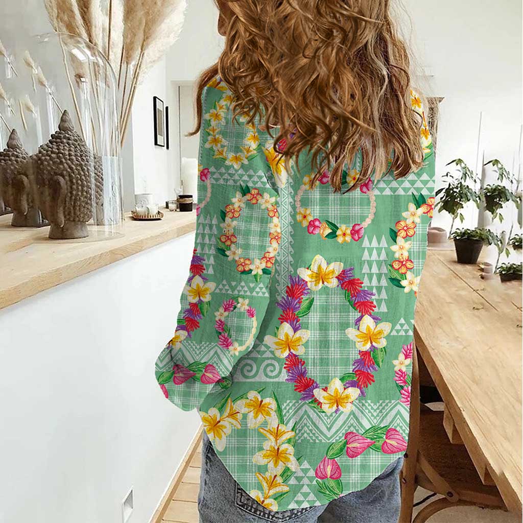 Hawaiian Leis Women Casual Shirt Kakau Tattoos and Palaka Pastel Green Color LT03 - Polynesian Pride