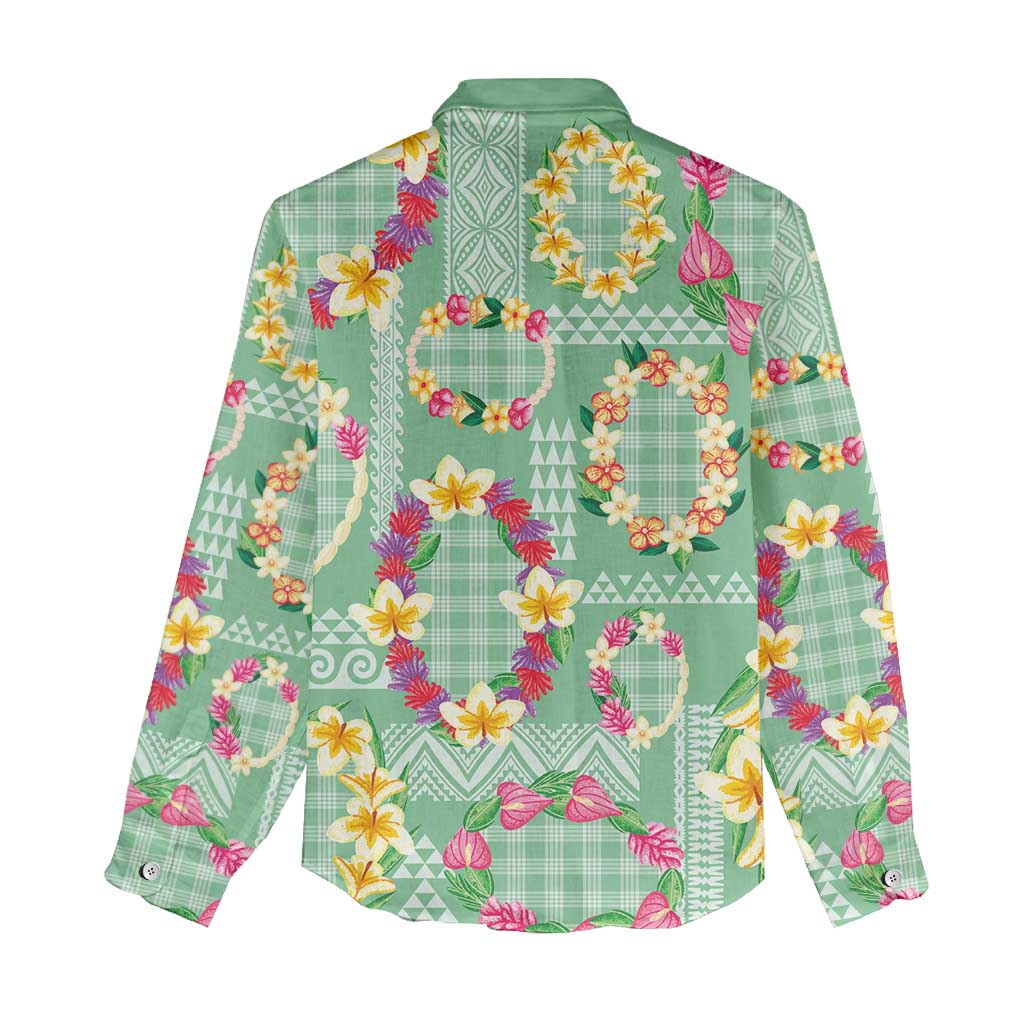 Hawaiian Leis Women Casual Shirt Kakau Tattoos and Palaka Pastel Green Color LT03 - Polynesian Pride