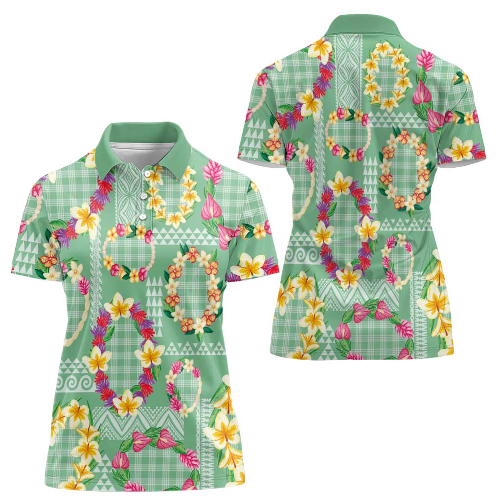 Hawaiian Leis Women Polo Shirt Kakau Tattoos and Palaka Pastel Green Color LT03 - Polynesian Pride