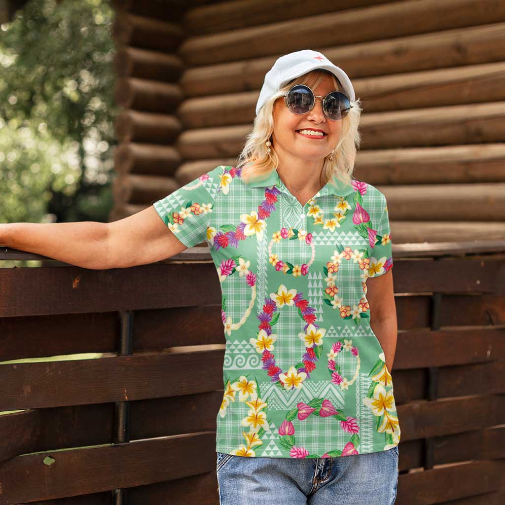 Hawaiian Leis Women Polo Shirt Kakau Tattoos and Palaka Pastel Green Color LT03 - Polynesian Pride