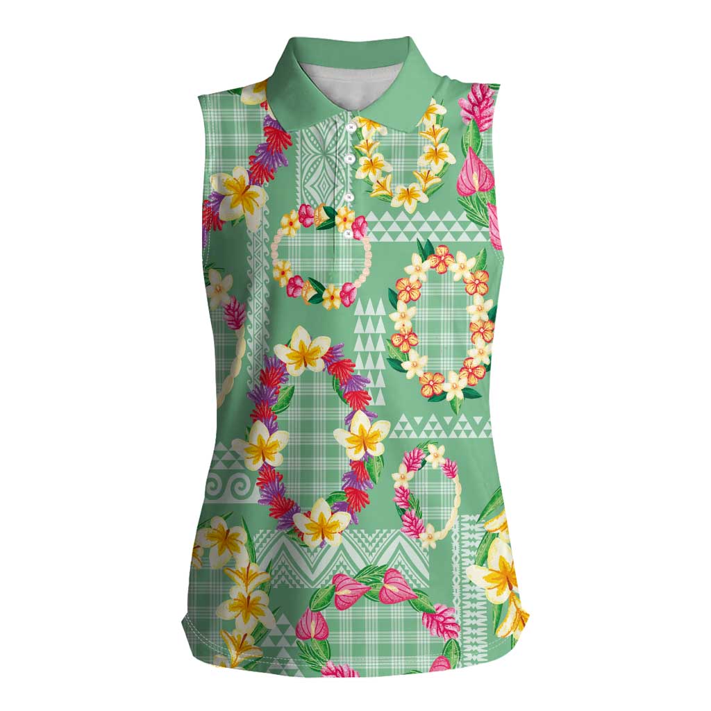 Hawaiian Leis Women Sleeveless Polo Shirt Kakau Tattoos and Palaka Pastel Green Color LT03 Female Green - Polynesian Pride