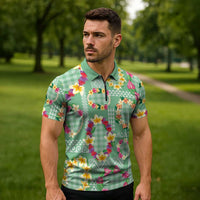 Hawaiian Leis Zipper Polo Shirt Kakau Tattoos and Palaka Pastel Green Color LT03 - Polynesian Pride