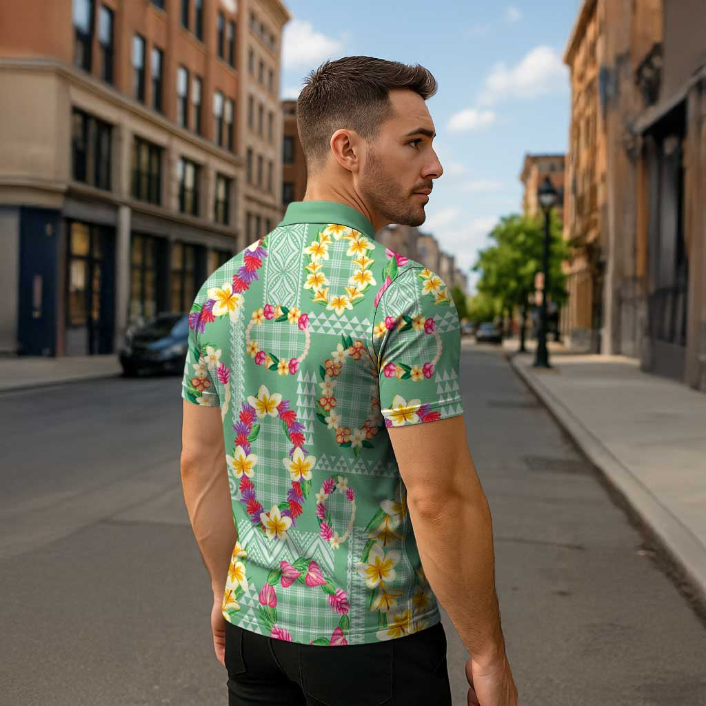 Hawaiian Leis Zipper Polo Shirt Kakau Tattoos and Palaka Pastel Green Color LT03 - Polynesian Pride