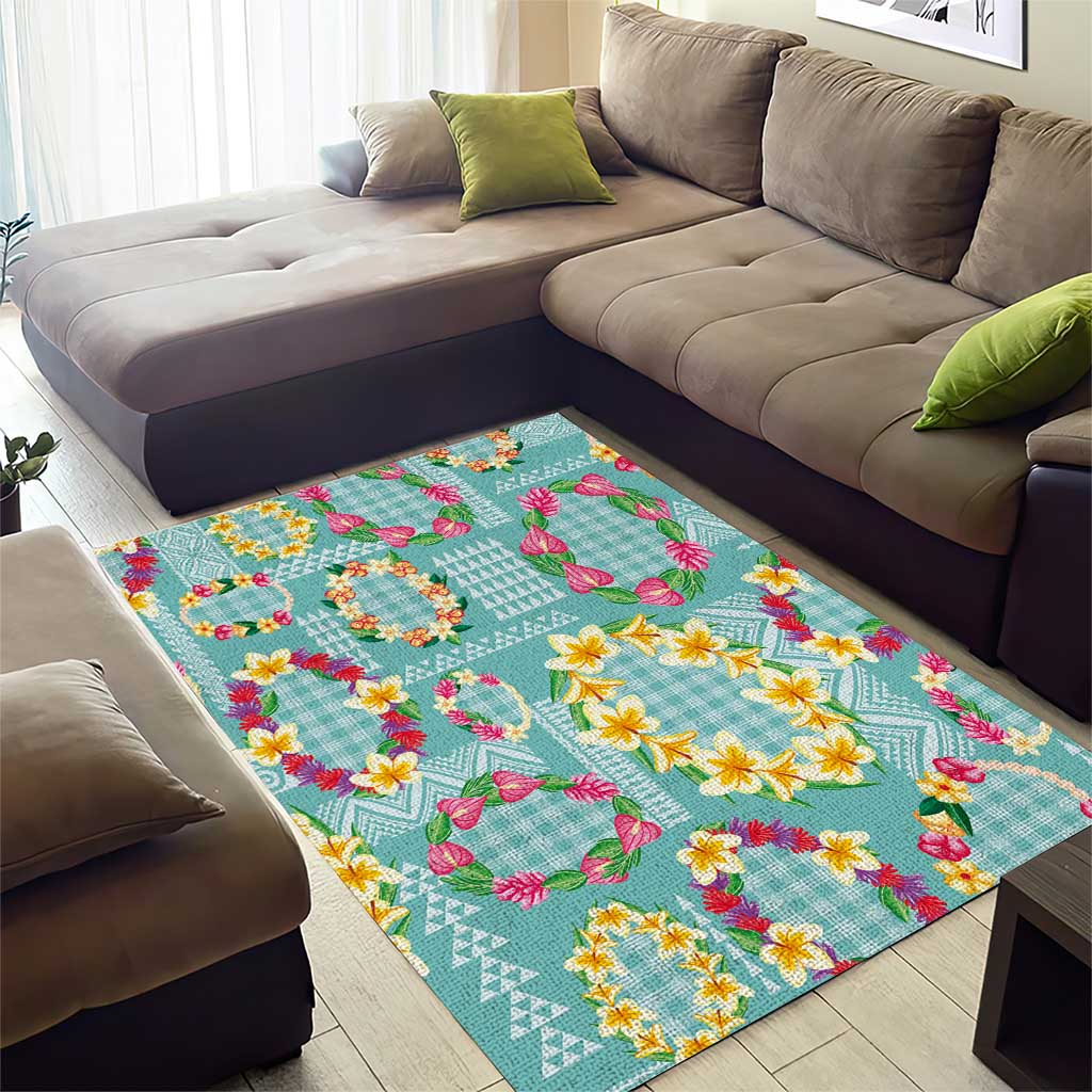 Hawaiian Leis Area Rug Kakau Tattoos and Palaka Pastel Teal Color