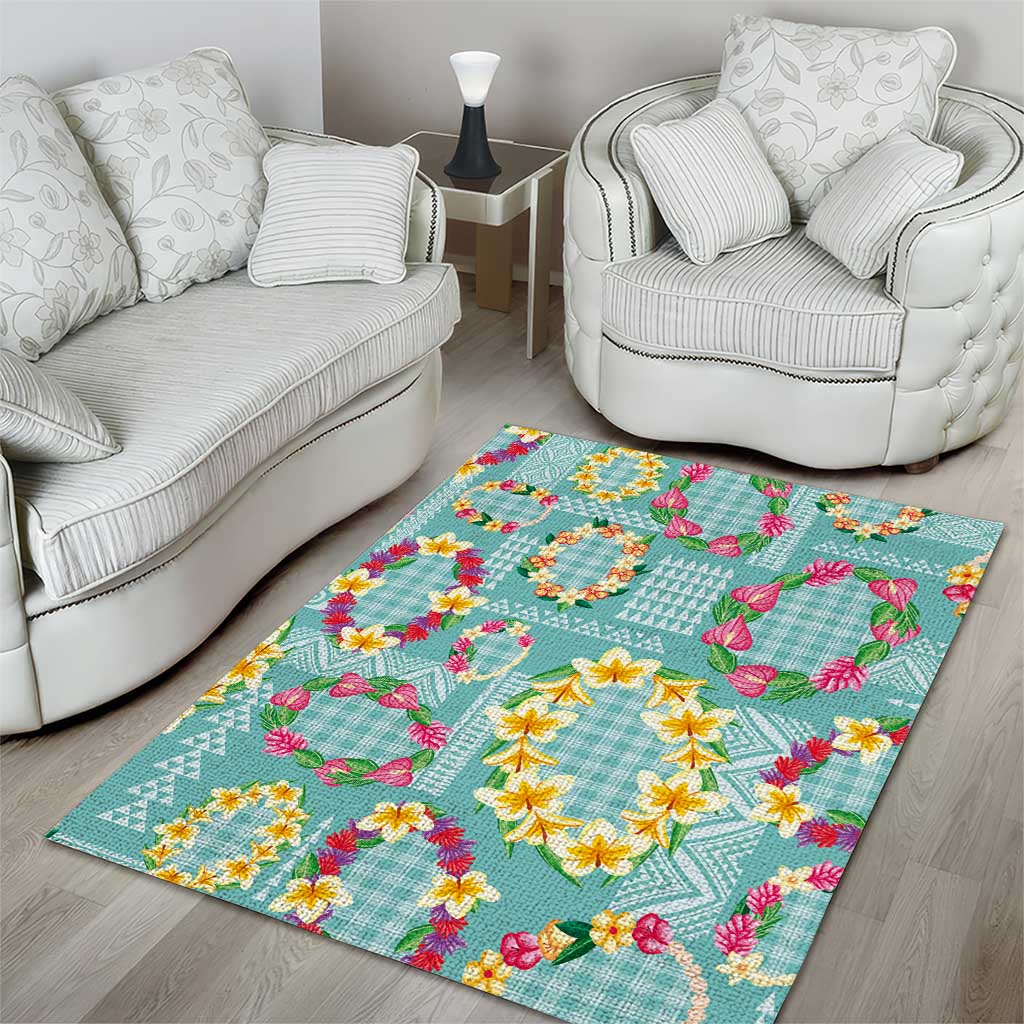 Hawaiian Leis Area Rug Kakau Tattoos and Palaka Pastel Teal Color