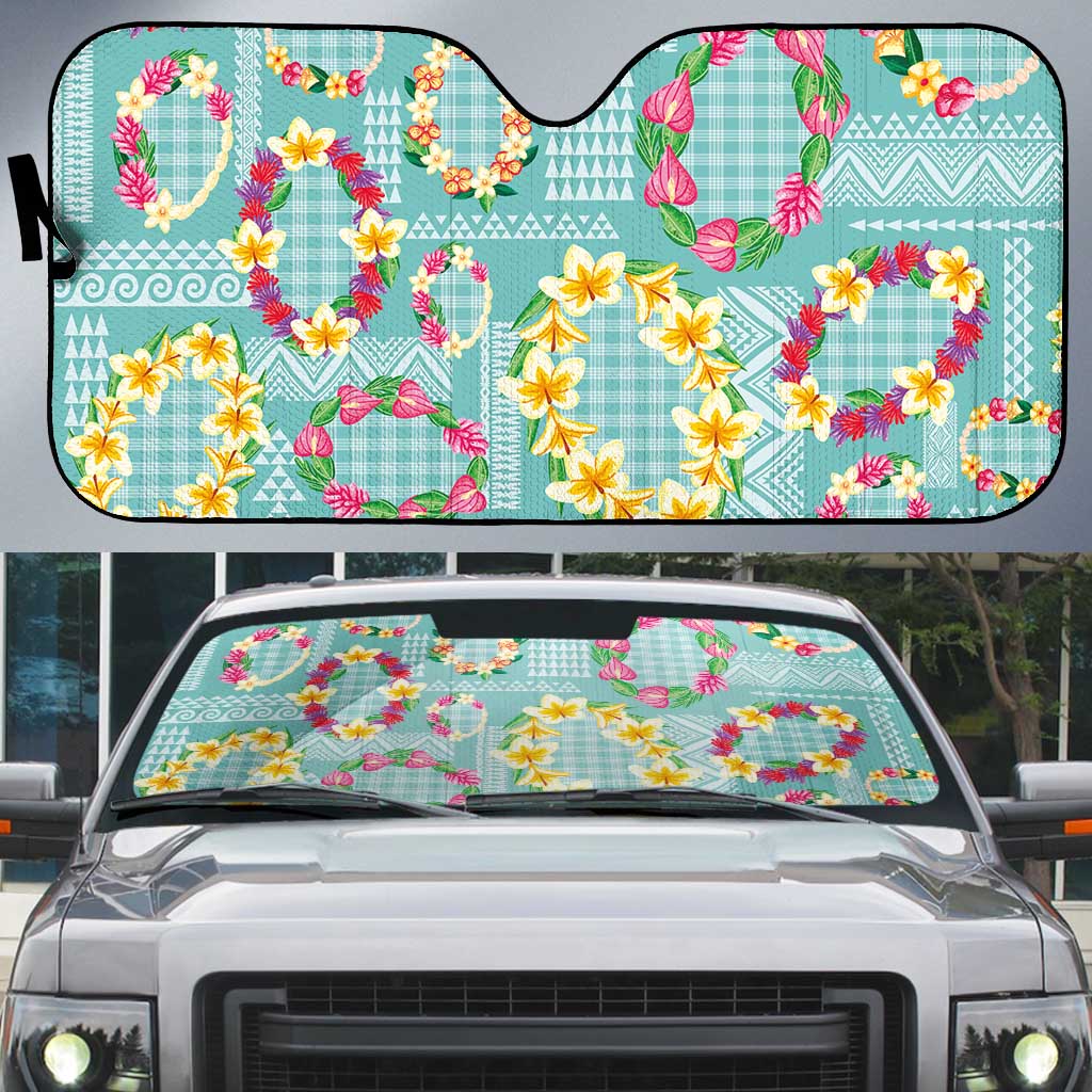Hawaiian Leis Auto Sun Shade Kakau Tattoos and Palaka Pastel Teal Color