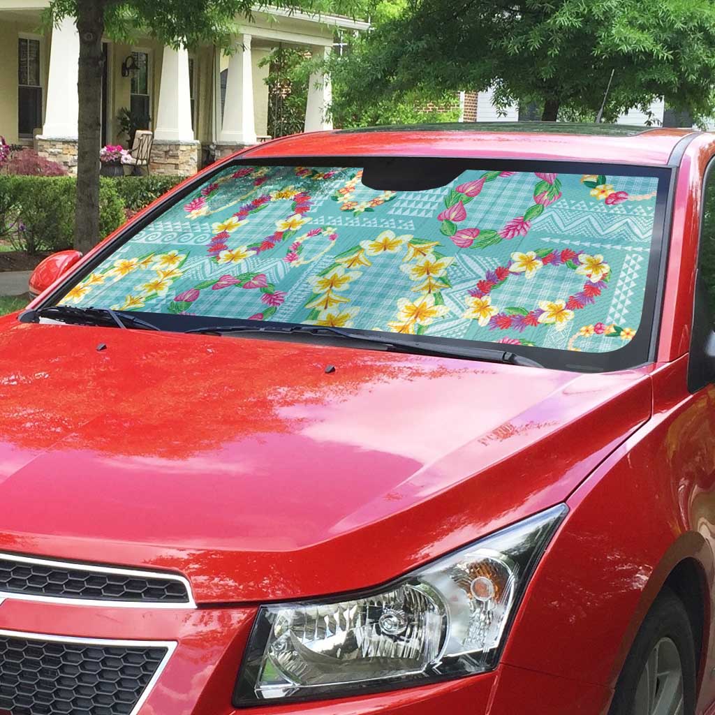 Hawaiian Leis Auto Sun Shade Kakau Tattoos and Palaka Pastel Teal Color