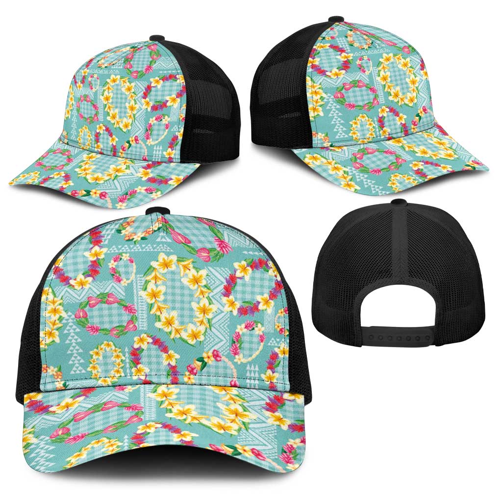 Hawaiian Leis Baseball Net Cap Kakau Tattoos and Palaka Pastel Teal Color LT03 - Polynesian Pride