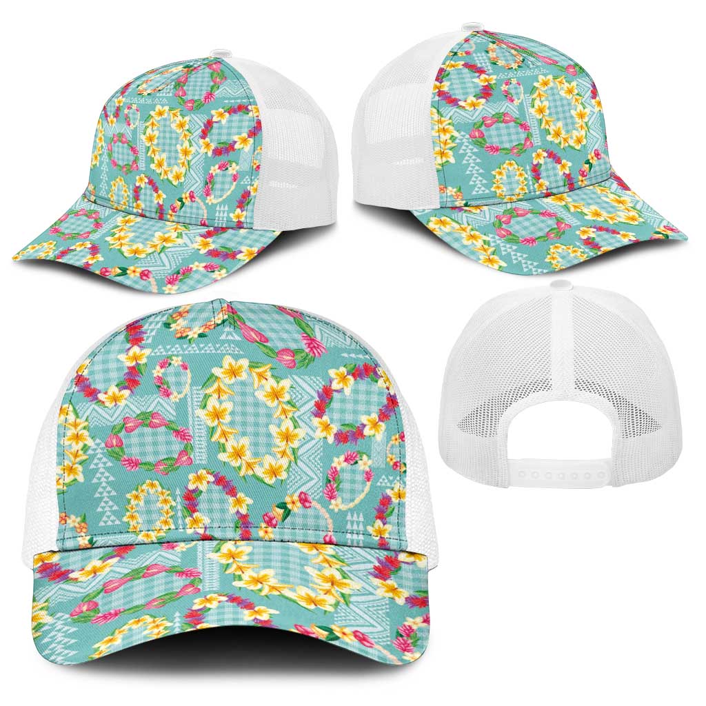 Hawaiian Leis Baseball Net Cap Kakau Tattoos and Palaka Pastel Teal Color LT03 - Polynesian Pride