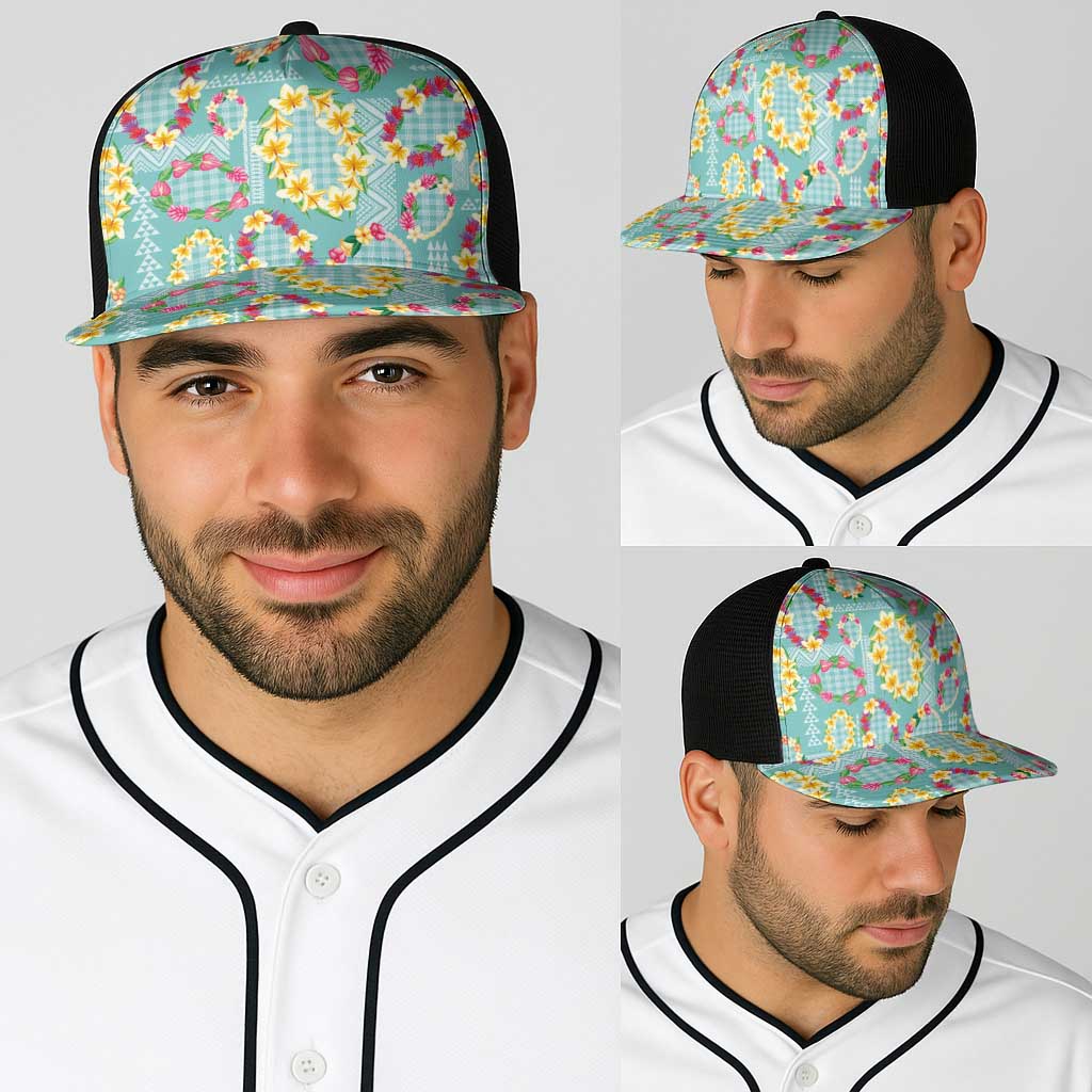 Hawaiian Leis Baseball Net Cap Kakau Tattoos and Palaka Pastel Teal Color LT03 - Polynesian Pride