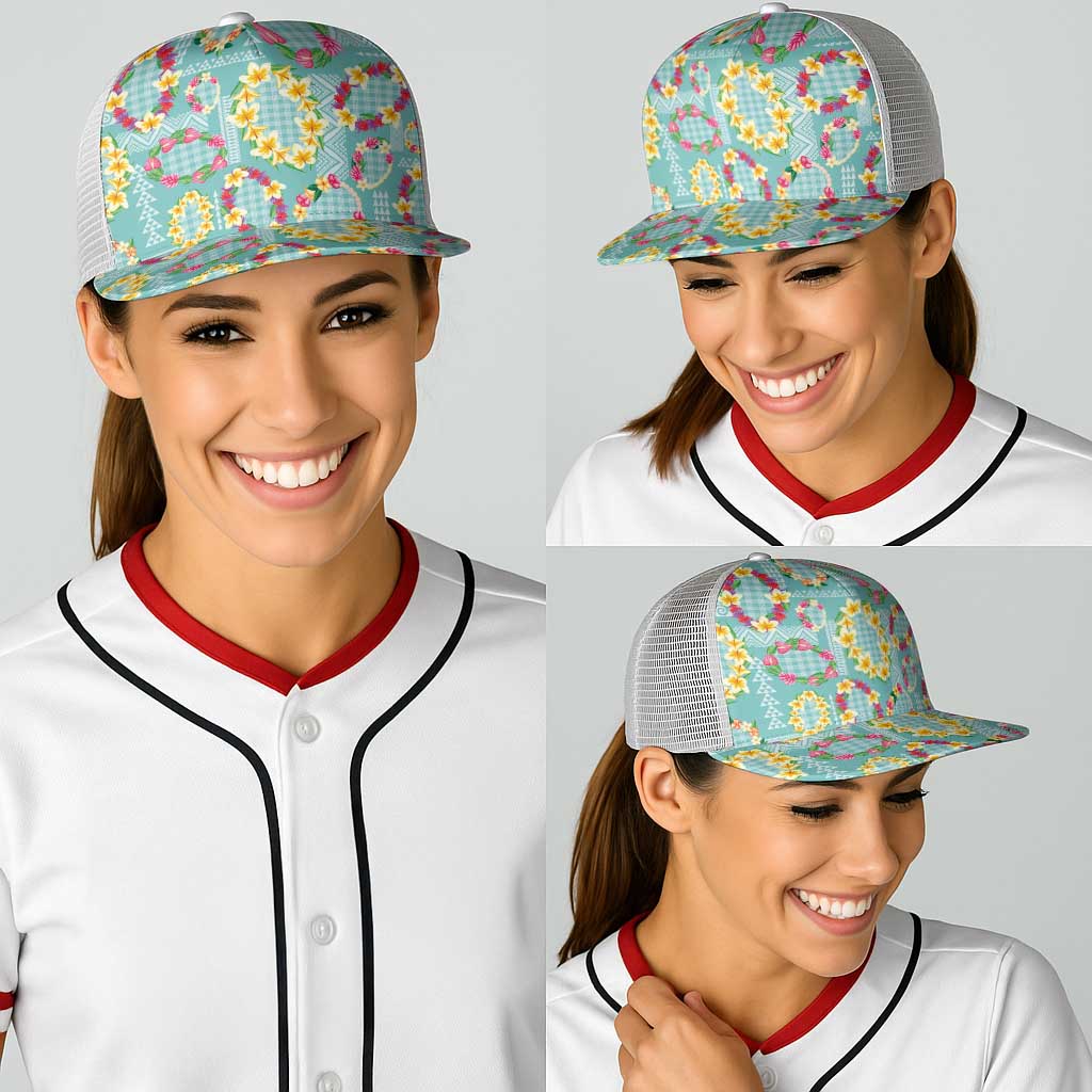 Hawaiian Leis Baseball Net Cap Kakau Tattoos and Palaka Pastel Teal Color LT03 - Polynesian Pride