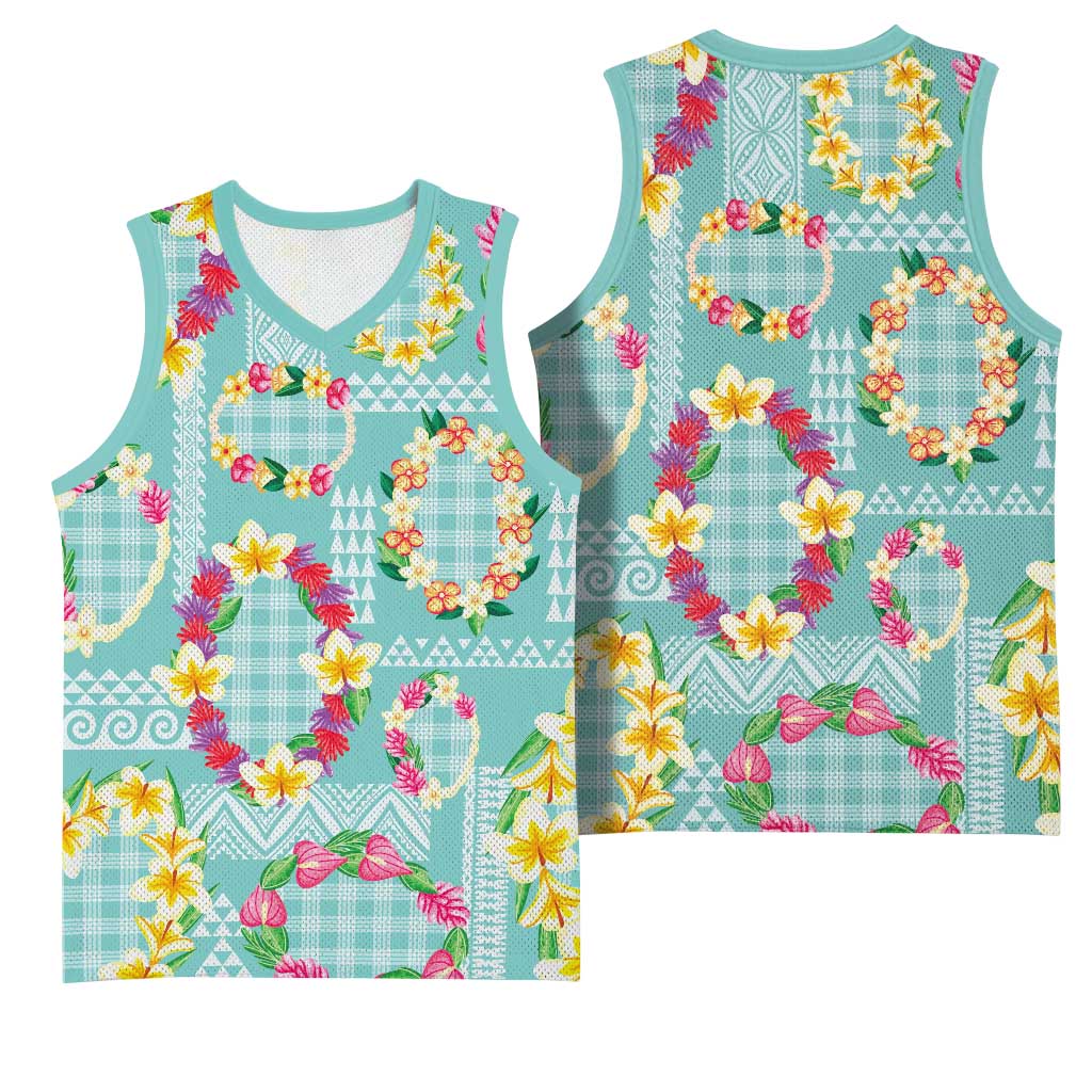 Hawaiian Leis Basketball Jersey Kakau Tattoos and Palaka Pastel Teal Color LT03 - Polynesian Pride