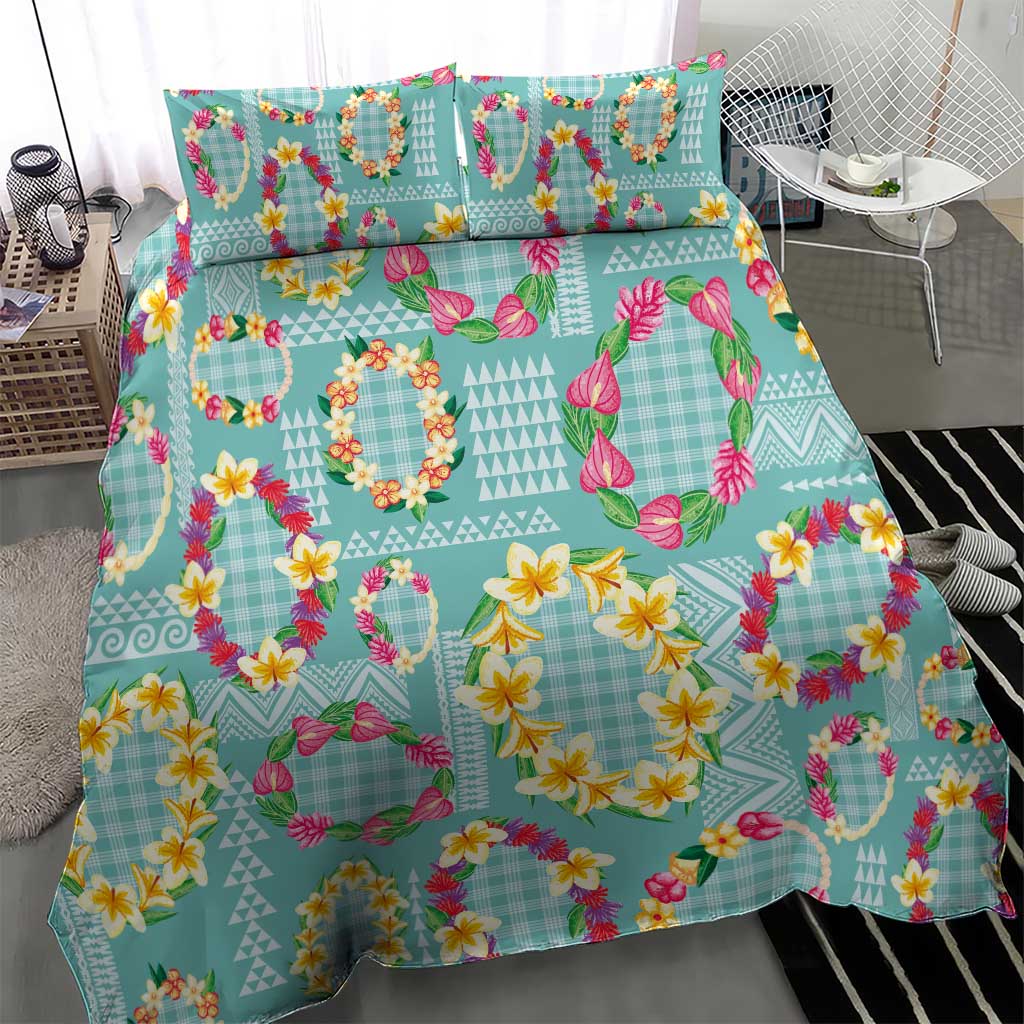 Hawaiian Leis Bedding Set Kakau Tattoos and Palaka Pastel Teal Color