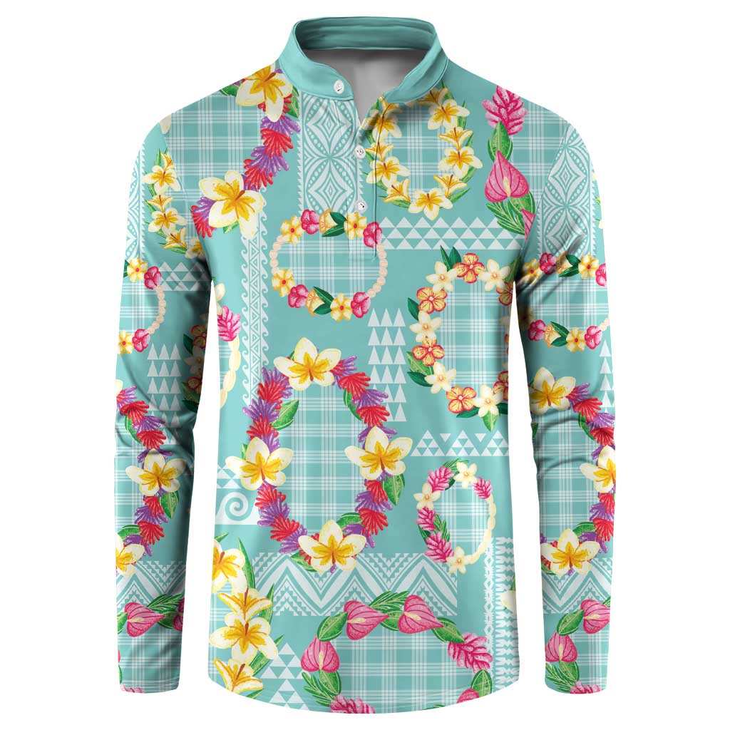 Hawaiian Leis Button Sweatshirt Kakau Tattoos and Palaka Pastel Teal Color LT03 Teal - Polynesian Pride