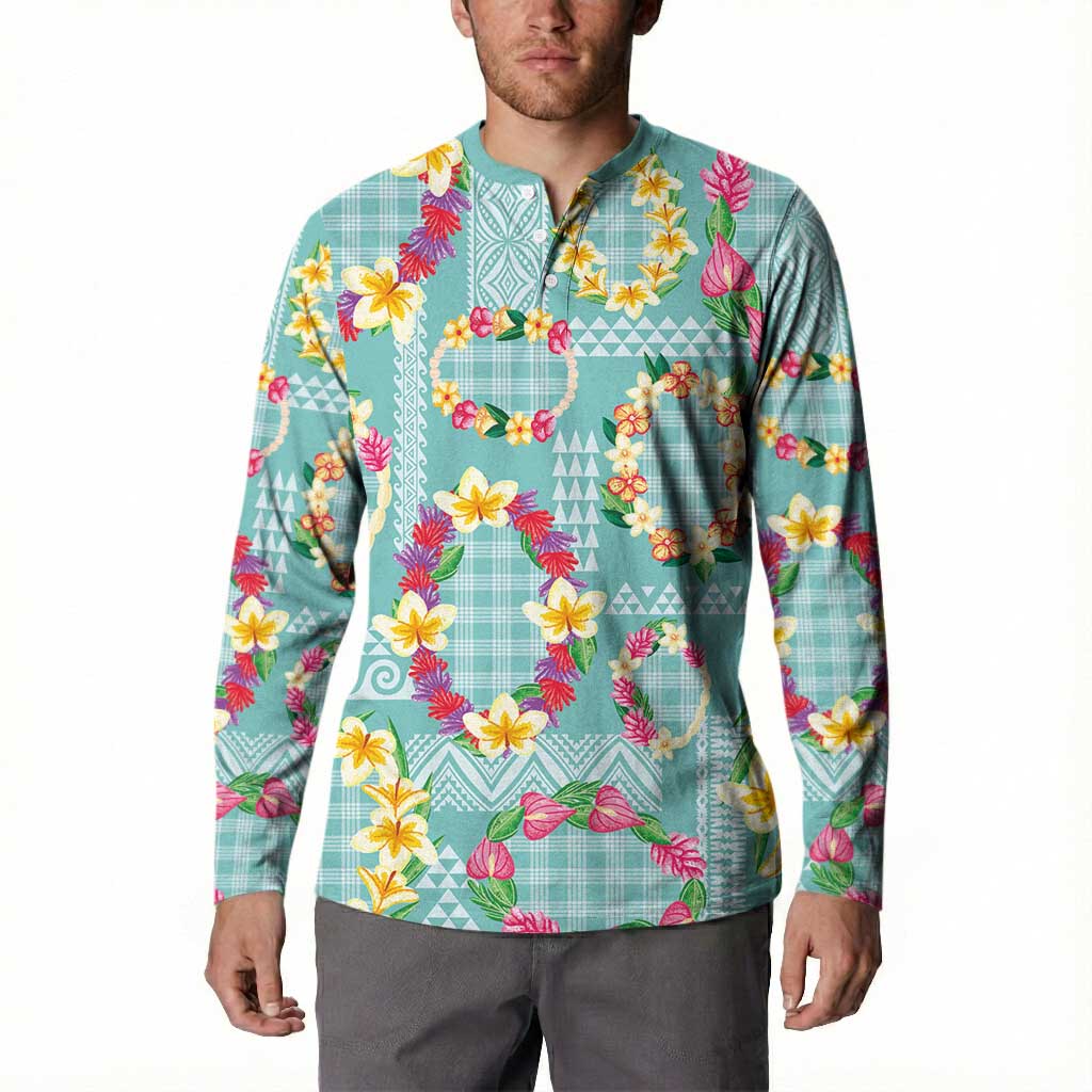 Hawaiian Leis Button Sweatshirt Kakau Tattoos and Palaka Pastel Teal Color LT03 - Polynesian Pride